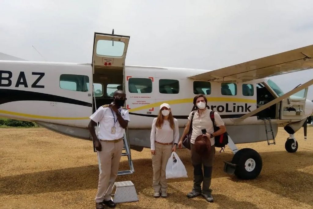 Boarding Aerolink plane back to Entebbe from Kisoro