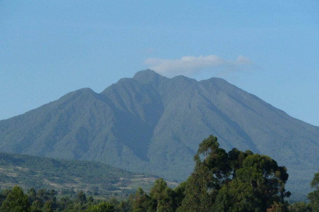 A long range view of Mount Sabinyo, one of the volcano ranges of Mgahinga