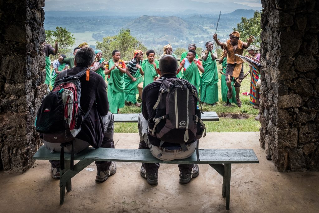Enjoying a cultural entertainment by the Batwa in Mgahinga Community Campground