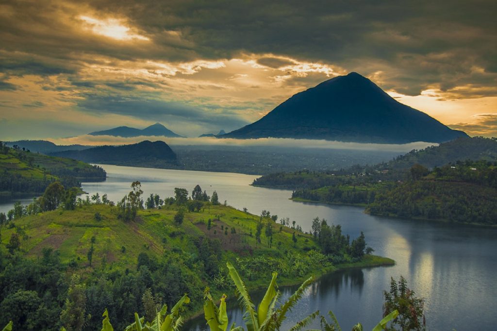 A view of Mount Muhabura with Gahinga and Sabinyo in the backfround