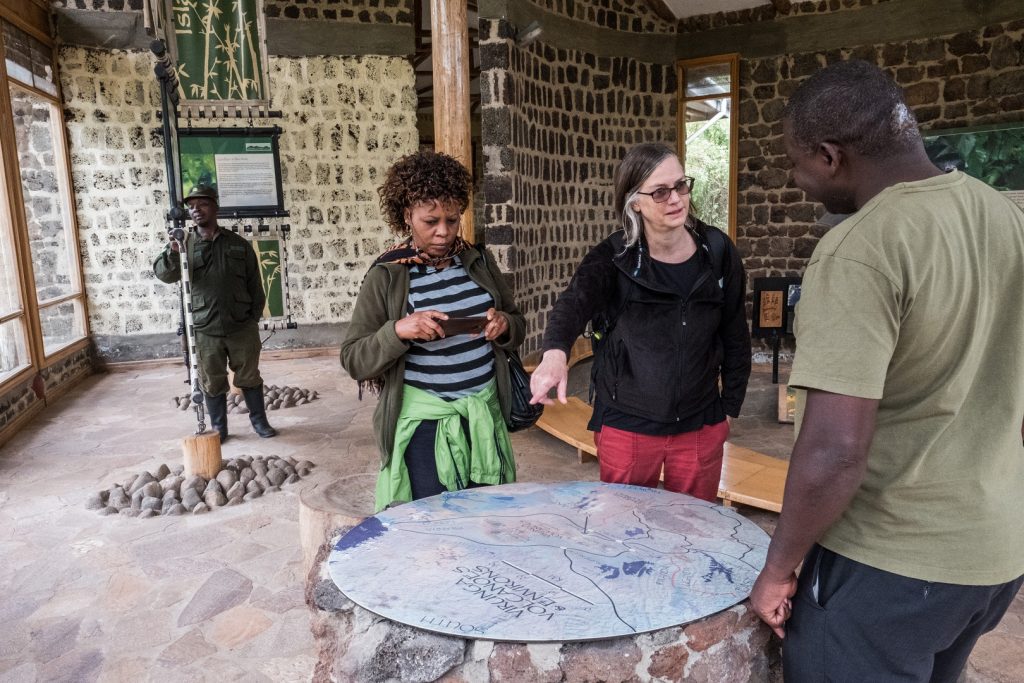 Guests at Ntebeko Visitors' Center in Mgahinga Gorilla National Park